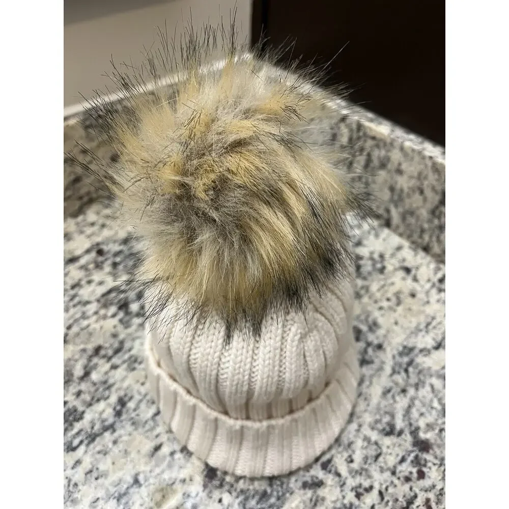 J CREW Hat Womens OS Ribbed Cuffed Pom-Pom Beanie NWOT Knit Cotton Ivory
